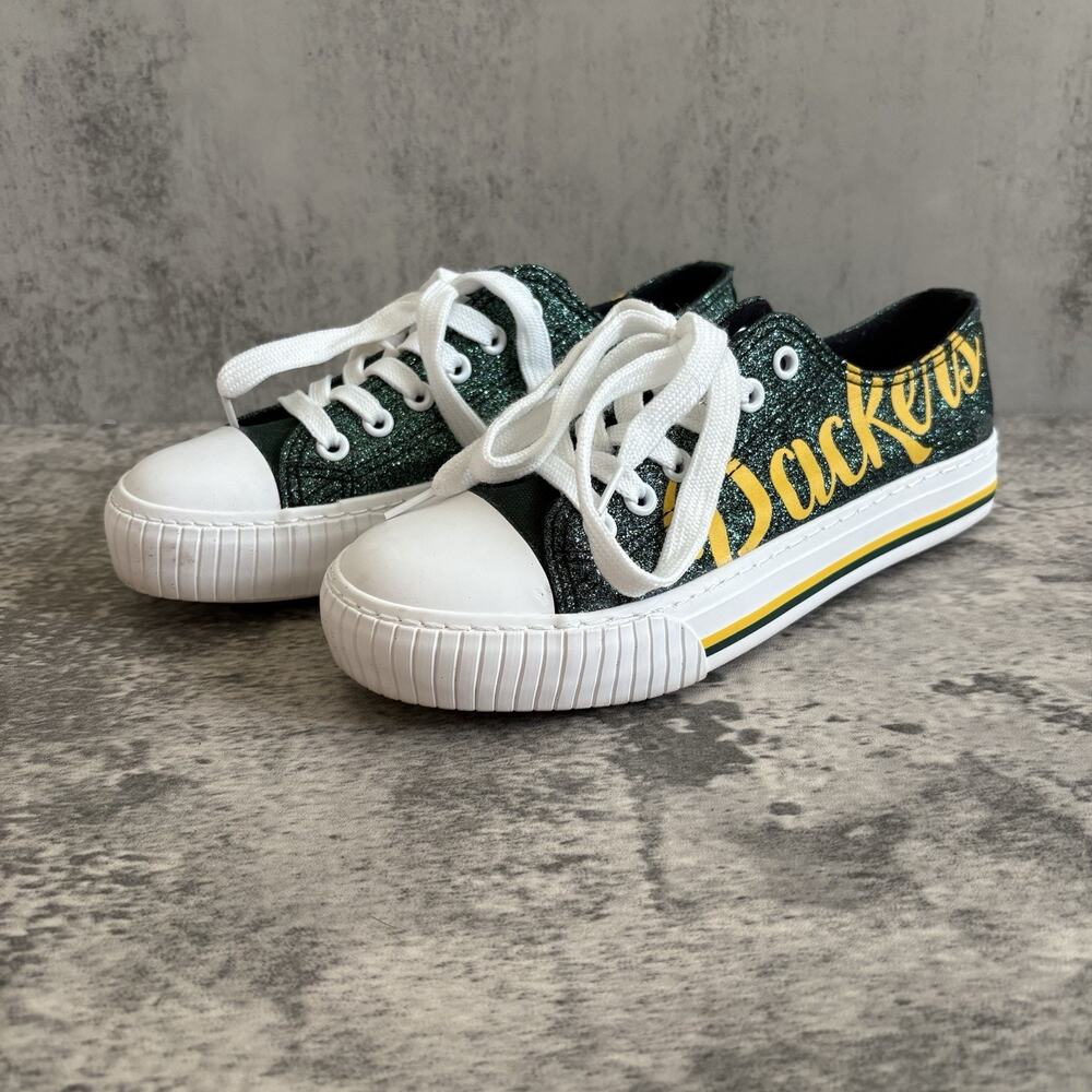 FOCO Green Bay Packers NFL WOMENS White Green Gold Lace Up Sneakers SIZE 6